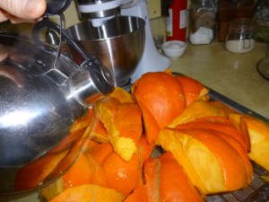 3 - Arrange in pan over wire; add small amt of water - bake 1 hour at 350F or until tender when poked w. fork