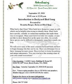 Intro to Bird Song – 15Sep2018, Sat, 10am-noon, Brandon&nbsp;Burger