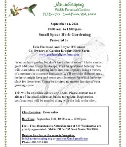 Small Space Herb Gardening – Sep 11, 11am-noon, ZOOM CLASS – preregistration &&nbsp;free