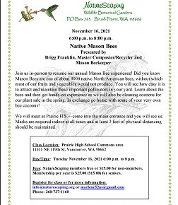 Mason Bee Class @ Prairie High School – 6-8pm 16Nov2021 – preReg &&nbsp;fee